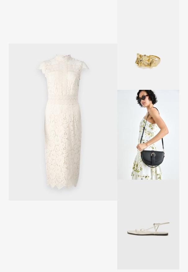 Kleid aus Spitze in Creme, mit hohem Kragen, kurzen Ärmeln, floralen Mustern und gewelltem Saum. Mittellang mit einer figurnahen Silhouette.; Beige flache Sandale mit mehreren schlanken Riemen und einer verstellbaren Schnalle. Die Sohle ist flach und hat einen leichten dunklen Kontrast am Rand.; Schwarze Lederhandtasche mit geschwungener Form, abnehmbarem Tragegurt und goldenen Beschlägen. Die Tasche verfügt über einen Deckel mit einer Schnallen-Details.; Goldring mit strukturiertem, wellenförmigem Design, das drei markante Spitzen aufweist. Glatte, glänzende Oberfläche mit einem offenen Band für einen verstellbaren Sitz.