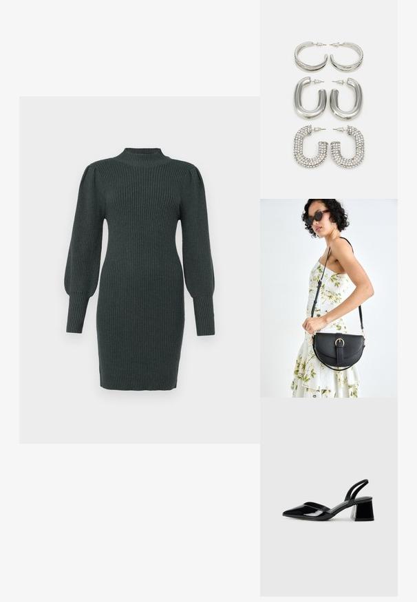 ONLY Petite ONLKATIA DRESS - Rochie tricotată - june bug; Pantofi cu toc slingback din piele lacuită neagră, cu vârf ascuțit și toc geometric. Prezintă un design elegant, minimalist și o textură netedă.; Geantă din piele neagră, cu o formă curbată, curea detașabilă și accesorii aurii. Geanta are un capac cu un detaliu tip cataramă.; Patru perechi de cercei din argint: două modele elegante de cercei cerc, unul texturat și unul acoperit cu mici pietre strălucitoare transparente.