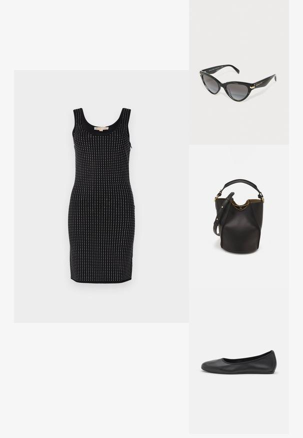 Rochie neagră fără mâneci, cu un design ajustat, având puncte albe în pattern vertical. Textură netedă și decolteu rotund.; Balerini din piele neagră, cu vârf rotund, textură netedă, detalii de cusătură minimale și un design al tălpii flexibil.; Ochelari de soare tip cat-eye negri de la Michael Kors cu lentile gradient închise și accente aurii cu logo pe tempii, pe un fundal alb.; Geantă din piele neagră în stil bucket, cu un finisaj texturat, accente din metal auriu și un compartiment deschis. Dispune de o mânere scurtă și un curea de umăr ajustabilă.