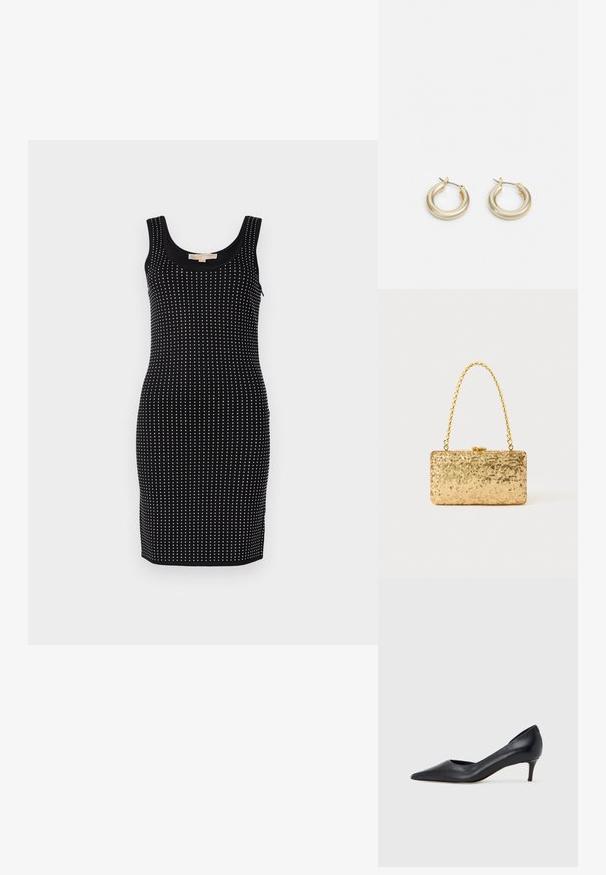 Vestido preto sem mangas com um design justo, apresentando bolinhas brancas num padrão vertical. Textura suave e decote arredondado.; Sapato de salto alto preto em pele com bico fino e salto baixo. Apresenta uma textura suave e brilho subtil. Corte aberto na parte da frente para um detalhe adicional.; Clutch dourada em lantejoulas com formato retangular, apresentando uma alça de corrente torcida e um fecho de metal, refletindo a luz com um acabamento texturizado.; Lauren Ralph Lauren BASIC SMALL HOOP - Brincos - gold-coloured
