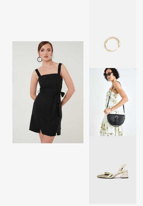 Schwarzes Kleid mit quadratischem Ausschnitt, breiten Trägern und taillierter Silhouette. Verfügt über einen seitlichen Bindegürtel und einen Schlitz vorne für zusätzliche Details.; Goldene, metallische Slingback-Absätze mit spitzem Zeh und dicker Ferse. Glatte Textur, minimalistisches Design und ein schmaler Riemen.; Schwarze Lederhandtasche mit geschwungener Form, abnehmbarem Tragegurt und goldenen Beschlägen. Die Tasche verfügt über einen Deckel mit einer Schnallen-Details.; Goldfarbener Ring mit einem organischen, gedrehten Design, glatter Oberfläche und sich verjüngenden Enden, was ein modernes, skulpturales Erscheinungsbild erzeugt.