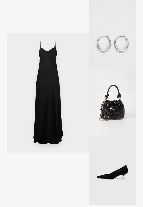 Black maxi dress with thin adjustable straps, featuring a structured, flowy design and diagonal seam detailing for added visual interest.; Black suede high heel shoe with a pointed toe and a slim, low heel. Smooth texture with a sleek design, featuring no visible hardware.; Black sequin mini handbag with a knotted textured strap and silver chain. Rounded shape with gathered top and reflective detailing.; Pair of polished silver crescent hoop earrings with hinged clasps on a white background.