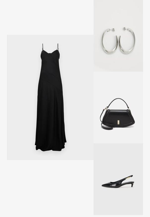 Zwarte maxi-jurk met dunne verstelbare bandjes, met een gestructureerd, vloeiend ontwerp en diagonale naden voor extra visuele aantrekkingskracht.; Zwarte leren slingback hakken met een spitse neus, voorzien van een slanke hak en een goudkleurige accent op de verstelbare band. Gladde textuur.; Zwarte leren handtas met een gestructureerd ontwerp, featuring een verkorte vorm, bovenhandvat en gouden hardwareaccent. Inclusief verstelbare schouderband.; Zilveren oorringen met een gladde, gebogen vorm. Voorzien van een glanzende metallic afwerking en studsluiting. Geen zichtbare patronen of accenten.