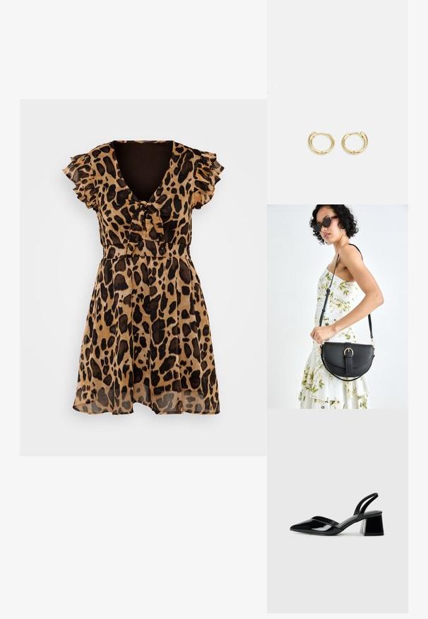 Obleka s leopardjim printom iz prosojnega, lahko tkiva. Ovratnik v obliki V, naborki na kratkih rokavih, prilegajoč pas in padajoča krila. Rjava in črna barva.; Črne lakirane slingback pete s koničastim nosom in geometrijsko blokasto peto. Imajo eleganten, minimalističen dizajn in gladko teksturo.; Črna usnjena torbica s ukrivljeno obliko, z odstranljivo naramnico in zlatimi dodatki. Torbica ima pokrov s podrobnostmi v obliki zaponke.; Zlate uhane v obliki obroča z gladkim, zaobljenim dizajnom. Imajo majhen zatič za zapiranje, težijo k lahkemu izgleda in imajo polirano površino.