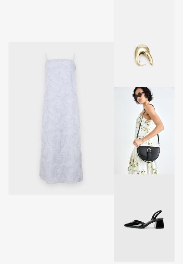 Valge maxi kleit õhukeste rihmadega, millel on tekstureeritud pehme materjal ja peene reljeefne muster üle kogu pinnale. Lihtne, sirge siluett.; Mustad musta lakknahk kingad, millel on terav varvas ja geomeetriline plokkkonts. Omab elegantselt minimalistlikku disaini ja sujuvat tekstuuri.; Mustmust mustraha kõverate joontega, eemaldatava rihmaga ja kuldsete detailidega. Kotil on klapp, millel on pandladetail.; Kuldtooni metallist kõrvarõngas, millel on elegantne ja kaarjas disain. Omab silmapaistvat teravat kuju, poleeritud pinda ja hingesulgemist.