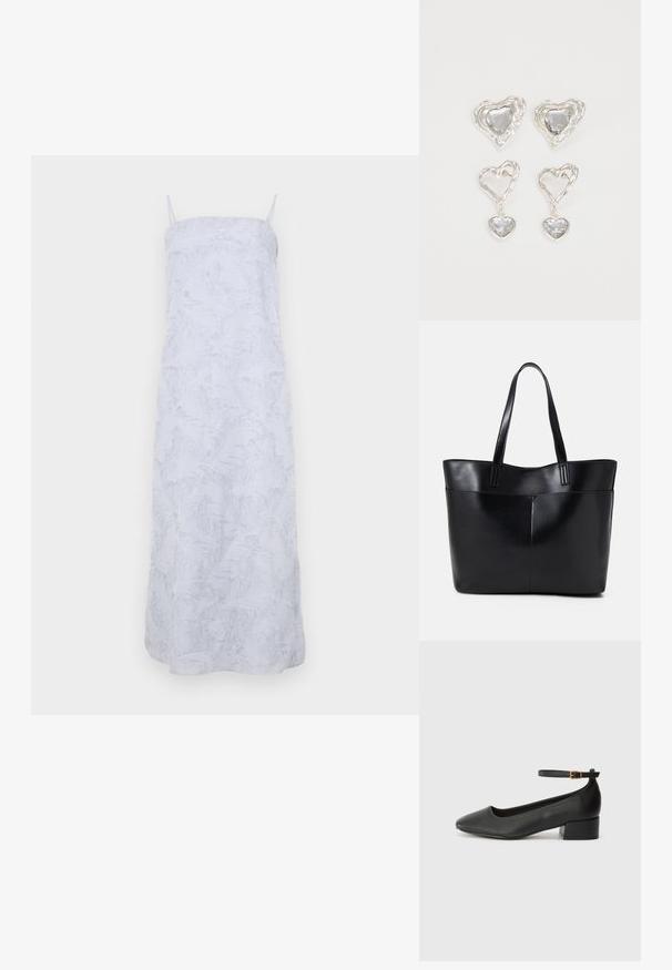 Hvit maxi-kjole med tynne stropper, laget av et teksturert, mykt materiale med subtilt hevet mønster over hele. Enkel, rett silhuett.; Sorte skinnpumper med spiss tå og lav blokkhelt. Har ankelrem med gullfarget spenne. Glatt tekstur.; Svart lær toteveske med to lange håndtak, en glatt tekstur og en strukturert form. Har en frontlomme for ekstra oppbevaring.; Sølv hjerteformede øredobber har fasetterte klare steiner med en teksturert ramme. Sett inkluderer både stud- og hengende stiler.