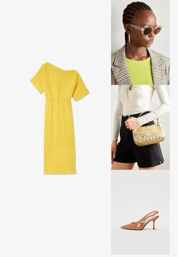 Gul kjole med korte ermer, rillet tekstur og samlet midje. Har gullprikker og en asymmetrisk utringning.; Spiss tå slingback hæl i et glat, glinsende brunt materiale. Har et buet utskårent design og en slank stilett hæl. Sølvspenne detalj.; Klare katteøye-solbriller med brune linser og gjennomsiktige rammer. Modell iført en grønn ribbestrikket topp og rutete blazer. Gull hoop øredobber.; Gullfarget paljettveske i rektangulær form, med et kort håndtak og en lang kjede-rem. Teksturen er skinnende og reflekterende.