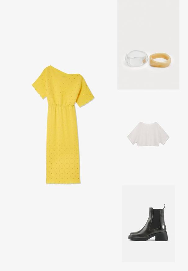 Yellow dress with short sleeves, ribbed texture, and a gathered waist. Features gold dots and an asymmetrical neckline.; Cropped open-knit top in light gray, featuring a wide boat neckline and batwing sleeves, with a soft texture and minimal seams.; Black leather ankle boots with a smooth finish, elastic side panels, and a chunky heel. Features a pull tab for easier wear.; Clear and amber resin rings, one smooth and transparent, the other with a textured, amber finish. Both feature rounded, chunky designs.