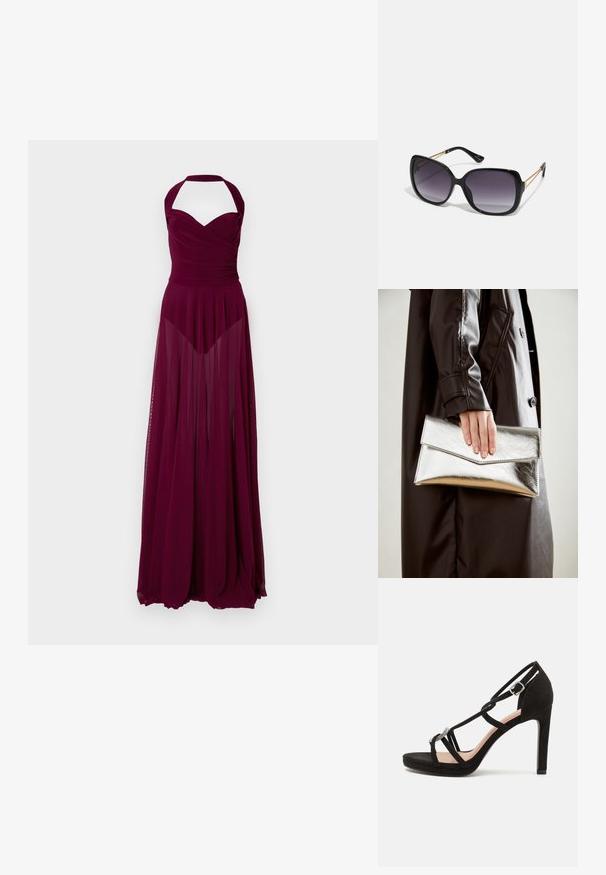 Abito color bordeaux con scollatura all'americana, corpetto aderente e gonna lunga e fluente in tessuto leggero e trasparente. Presenta arricciature sul busto e un design lungo e sinuoso.; Sandalo con tacco alto in suede nero, dotato di fasce incrociate, un accentuazione decorativa in tono argento e una suola a piattaforma per aumentare l'altezza.; Occhiali da sole neri oversize con lenti sfumate, montatura spessa e dettagli in catena dorata sulle astine.; Clutch metallico argento con un design a busta angolare, texture liscia e colore interno a contrasto, tenuto in mano da una persona che indossa un cappotto nero.