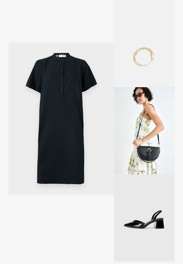 Crna haljina kratkih rukava s mandarin ovratnikom, koja ima otvor za dugmad i ravni kroj. Napravljena je od teksturirane tkanine.; Crne lakirane kožne sandale s otvorenom petom i špicastim vrhom, s geometrijskom blok petom. Imaju elegantan, minimalistički dizajn i glatku teksturu.; Crna kožna torba s lukovitim oblikom, odvojivim remenom i zlatnim detaljima. Torba ima preklop s kopčom.; Prsten u zlatnoj nijansi s organskim, uvijenim dizajnom, glatkom teksturom i suženim krajevima, koji stvara moderan, skulpturalni izgled.