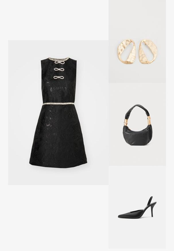 Musta mekko, jossa on kukkakuosiset tekstuurit, hihaton muotoilu, koristeltu kaula-aukko ja helmivyö. Edessä on koristeelliset solmupainikkeet.; Mustat remmisandaalit korkealla korolla, teräväkärkiset, sileä nahkamateriaali ja tyylikäs, minimalistinen muotoilu. Korkea stiletto-korko.; Musta nahkalaukku pyöreällä muodolla, pehmeällä pinnalla ja solmulla varustetulla kahvalla, jossa on kultasävyiset yksityiskohdat. Vetoketjusuljenta.; Pari epämuodostuneita soikeita kultasävyisiä metallikorvakoruja, joissa on teksturoitu, hieman hakattu pinta valkoista taustaa vasten.
