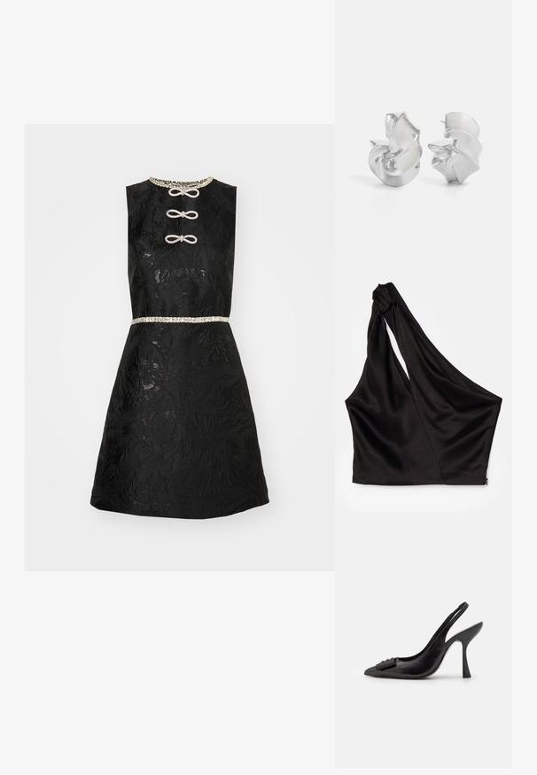 Melnās kleitas ar ziedu rakstu, bez piedurknēm, izšūta dekoltē, un pērļu josta. Priekšā ir dekoratīvi mezglu pogas.; Asimetrisks melns satīna topiņš ar vienu plecu siksnu, ar piegriezumu drapējuma stilā un rāvējslēdzēju sānos. Mīksta tekstūra.; Melnas ādas sārta kurpes ar smailu purngalu, šauru augstu papēdi un dekoratīvu loku akcentu. Gluda tekstūra un elegants dizains.; Sudeļi ar plūstošu spirālveida dizainu. Gluda tekstūra ar pulētu apdari. Iezīmējas ar maigu spīdumu un nav redzamu rotājumu.