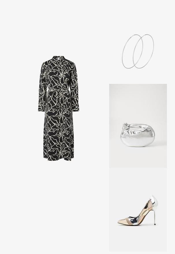Dolga črna obleka z belim abstraktnim vzorcem, ki ima ovratnik, pasno vezanje in tekočo silhueto.; Čevlji z visoko peto in konico, v barvni kombinaciji srebrne, zlate in nude. Sijajna obdelava z izrezljanim dizajnom, z igličasto peto.; Srebrna kovinska torbica z mehko, zaobljeno obliko in zavezano zgornjo zaporo. Narejena iz gladkega umetnega usnja.; Srebrne uhane v obliki obroča z minimalističnim dizajnom. Krožna oblika, gladka tekstura in tanek profil. Lahki s poliranim zaključkom.