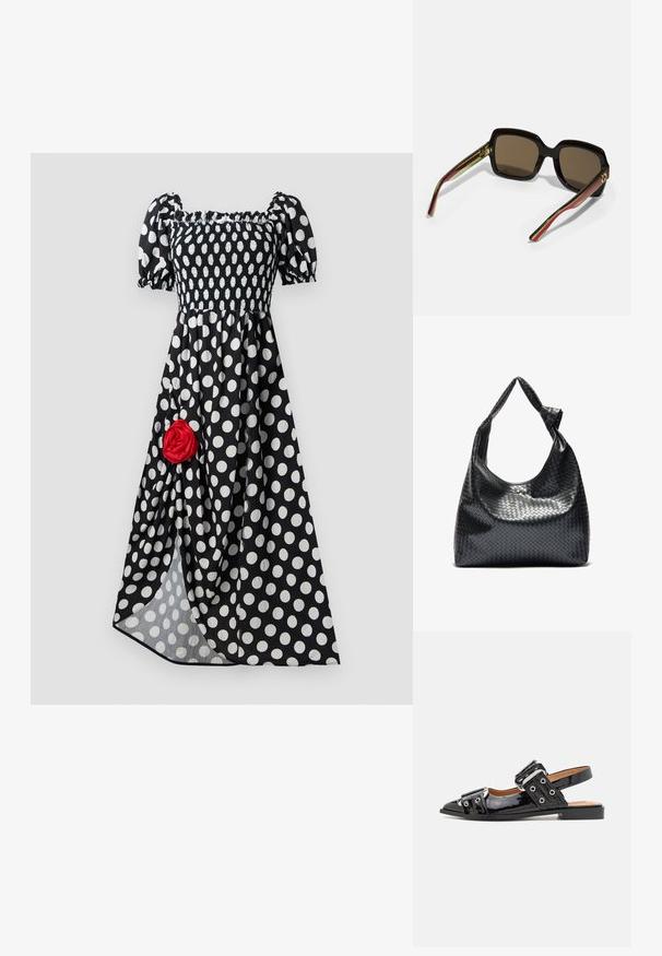 Černé šaty s puntíky, krátkými nafouklými rukávy a žakárovým živůtkem. Na levé straně se nachází červená látková růže. Sukně je splývavá.; Černá lakovaná slingback obuv s špičatou špičkou, která je zdobena dvěma velkými sponkami a detaily s oky na bocích. Plná podešev.; Černé oversized sluneční brýle s hnědými skly. Mají unikátní pruhované stranice v zelené a červené barvě a zlaté kovové akcenty. Čtvercový tvar.; Černá tkaná kožená kabelka s uvolněným designem, s uzlovým popruhem a malou dekorativní zlatou hřebíčkovou ozdobou na vrchu.