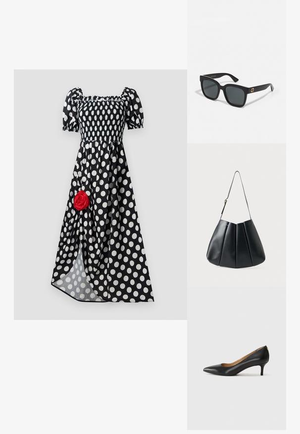Rochie neagră cu buline albe, cu mâneci scurte, puffate și un bust elastic. Prezintă o trandafir roșu din material pe partea stângă. Fustă fluidă.; Pantofii din piele neagră au vârful ascuțit, toc mic și o textură netedă. Au o deschidere ușoară în față și un hardware minim în spate.; Ochelari de soare negri cu lentile rectangulare, având o finisare lucioasă și accente cu logo de aur pe brate. Lentilele de culoare gri închis oferă protecție UV.; Geantă de umăr din piele neagră cu un design pliat, textură netedă, curea unică și un accent subtil din metal auriu.