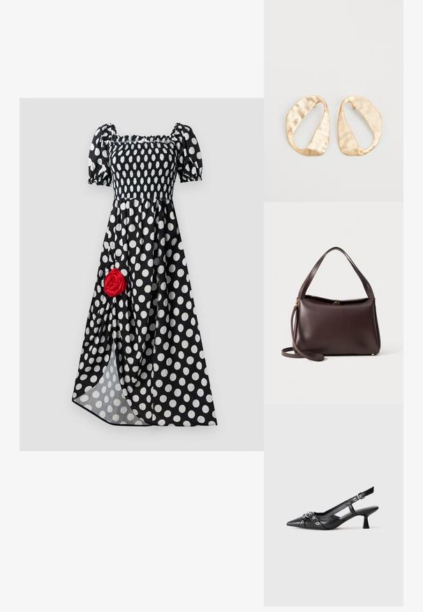 Čierne šaty s bodkami, krátkymi nadýchanými rukávmi a gumičkovou časťou na hrudníku. Obsahujú červenú látkovú ružu na ľavej strane. Voľná sukňa.; Čierne kožené slingback topánky s špicatou špičkou, ozdobnými popruhmi s kovovými očkami a nízkym blokovým podpätkom. Textúrovaný povrch.; Hnedá kožená kabelka so štruktúrovaným tvarom, s jedným horným uchom a odnímateľným ramenným popruhom. Detail v zlatej farbe.; Pár nepravidelných oválnych zlatistých kovových náušníc s textúrovaným, mierne rozbitým povrchom na bielom pozadí.