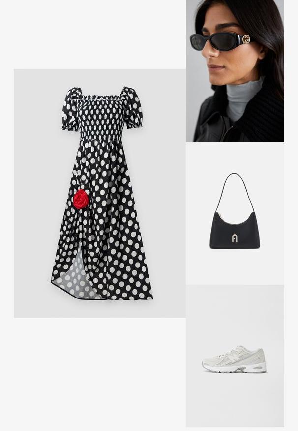 Crna haljina s točkicama s kratkim, napuhanim rukavima i nabranim korzetom. Ima crvenu tkaninsku ružu s lijeve strane. Snažna suknja.; Lagane trkačke tenisice s gornjim dijelom od mrežastog materijala u bijeloj boji, sivoj akcentima, s mekanim potplatom i teksturiranim preklopima. Imaju ugrađeni sustav vezanja.; Crne sunčane naočale sa elegantnim pravokutnim okvirom i zlatnim logotipom na strani. Tamna stakla i sjajni finiš su istaknuti.; Crna torba za rame izrađena od glatkog materijala, sa zakrivljenim oblikom, zlatnim patentnim zatvaračem i zlatnim reljefnim logotipom na prednjoj strani.