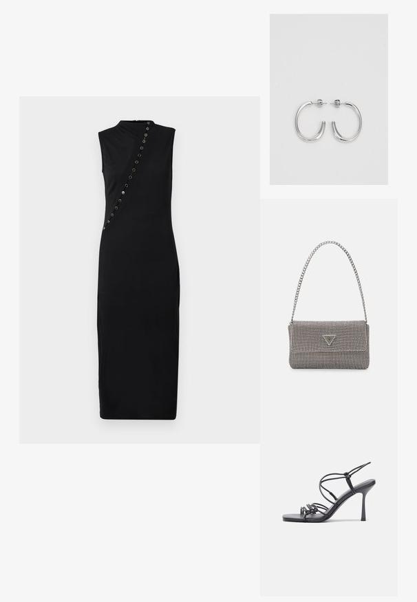 Mustat ilmanhihoilla mekko korkealla kauluksella ja diagonaalinen rivi metallikoristeita toisella sivulla. Muotoon puristava, polven mittainen malli, sileä pinta.; Mustat korkokengät sandaalit, joissa on ohuet hihnat solmittuna, sileä neliön muotoinen varvasosa ja tyylikäs stiletto-korko.; Vaalea harmaa metallinen käsilaukku, jossa on ketjusanka. Laukku on koristeltu pienillä pyöreillä metallikoruilla ja kolmion muotoisella brändilogolla.; Hopehopeet hopehopeet hopehopeet hopehopeet, jolla on sileä, kiiltävä pinta. Pyöreä muoto, kevyt rakenne, jossa on neulakiinnitys.