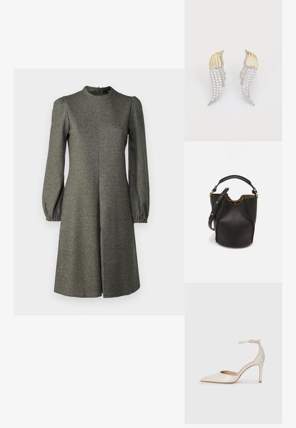 WEEKEND MaxMara CANARD - Hverdagskjole - grey; Hvide læder højhælede sko med spids tå, ankelrem og en slank stiletto-hæl. Glat tekstur med subtilt glansfuld finish.; Sort læder bucket taske med en struktureret overflade, guld hardware detaljer og en åben top. Har et kort håndtag og justerbar skulderrem.; To parreformede øreringe i vingeform fremstillet af sølvfarvet metal med klare, rundslibede rhinestones og guldfarvet metalaccenter i et lagdelt design.