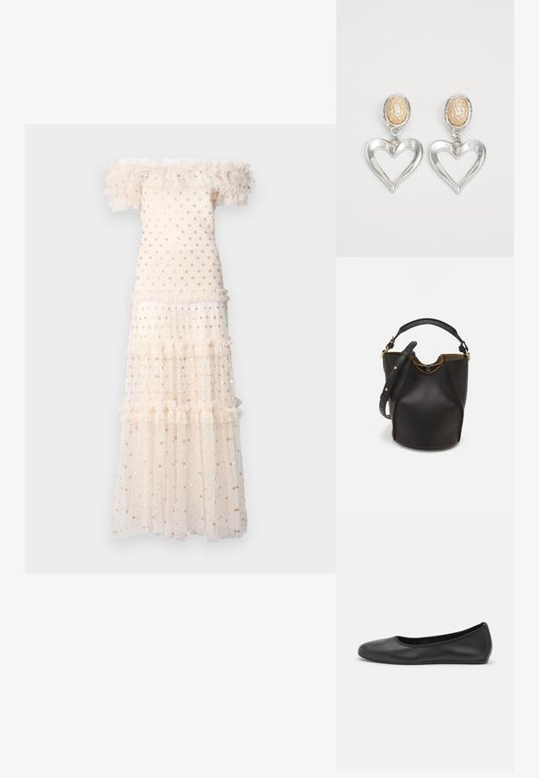 Needle & Thread SMOCKED ANKLE - Koktejlové šaty / šaty na párty - cream/gold; Černé kožené baletní byty s kulatou špičkou, hladkou texturou, minimálními švy a flexibilním designem podrážky.; Černá kožená kabelka ve tvaru vědra s texturovaným povrchem, zlatými kovovými akcenty a otevřeným vrchem. Obsahuje krátkou rukojeť a nastavitelný ramenní popruh.; Stříbrné náušnice ve tvaru srdce s lesklým povrchem. Každá má texturovanou béžovou oválnou kuličku. Elegantní a lehký design.