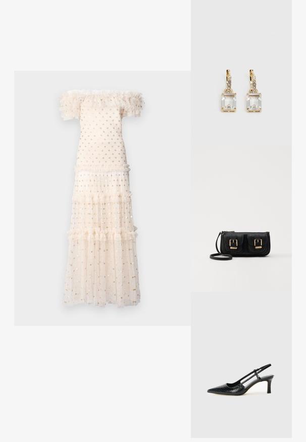 Needle & Thread SMOCKED ANKLE - Koktejlové šaty / šaty na párty - cream/gold; Černé lakované slingback podpatky s špičatou špičkou, zdobené texturovaným hadím vzorem, nastavovacím páskem a krátkým texturovaným blokovým podpatkem.; Černá kožená crossbody taška se dvěma předními kapsami, zlatými přezkami, zipovým uzávěrem a štíhlým popruhem. Texturovaný povrch a kompaktní obdélníkový tvar.; Náušnice ve zlatém odstínu s obdélníkovým, průhledným krystalem zavěšeným pod řadou malých, kulatých průhledných akcentů. Elegantní, moderní design.