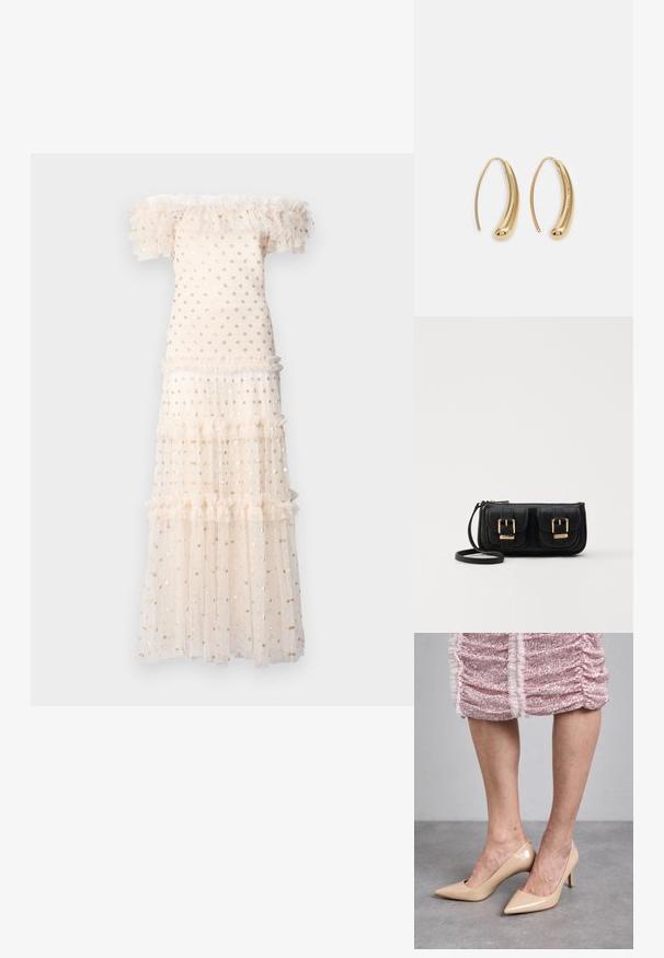 Needle & Thread SMOCKED ANKLE - Rochie cocktail/Rochie petrecere - cream/gold; Cizme cu toc înalt din piele lăcuită beige, cu vârf ascuțit și toc subțire. Textură netedă cu un design elegant. Purtați cu o rochie roz cu paiete.; Geantă neagră din piele, tip crossbody, cu două buzunare frontale, catarame aurii, închidere cu fermoar și o curea subțire. Suprafață texturată și formă rectangulară compactă.; Cercei din metal auriu, cu un design curbat și alungit. Au o suprafață netedă și strălucitoare, cu un vârf rotunjit pentru un detaliu suplimentar.