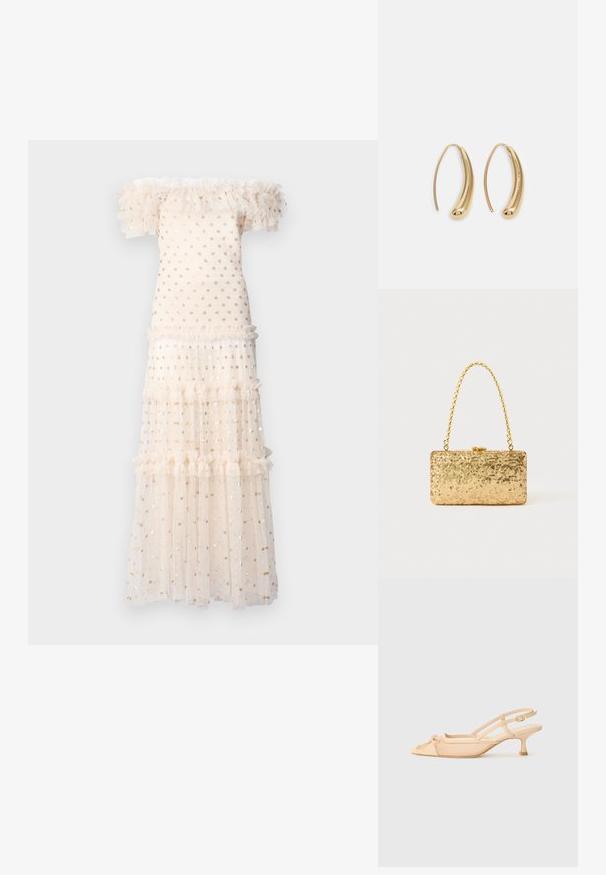 Needle & Thread - Sukienka koktajlowa; Stuart Weitzman KITTY beżowy; Złota kopertówka z cekinami o prostokątnym kształcie, z zakręconym uchwytem w postaci łańcuszka oraz metalowym zapięciem, odbijająca światło o fakturowanym wykończeniu.; Złote metalowe kolczyki w kształcie obręczy o zakrzywionym, wydłużonym kształcie. Posiadają gładką, błyszczącą powierzchnię oraz zaokrąglony koniec dla dodatkowego efektu.