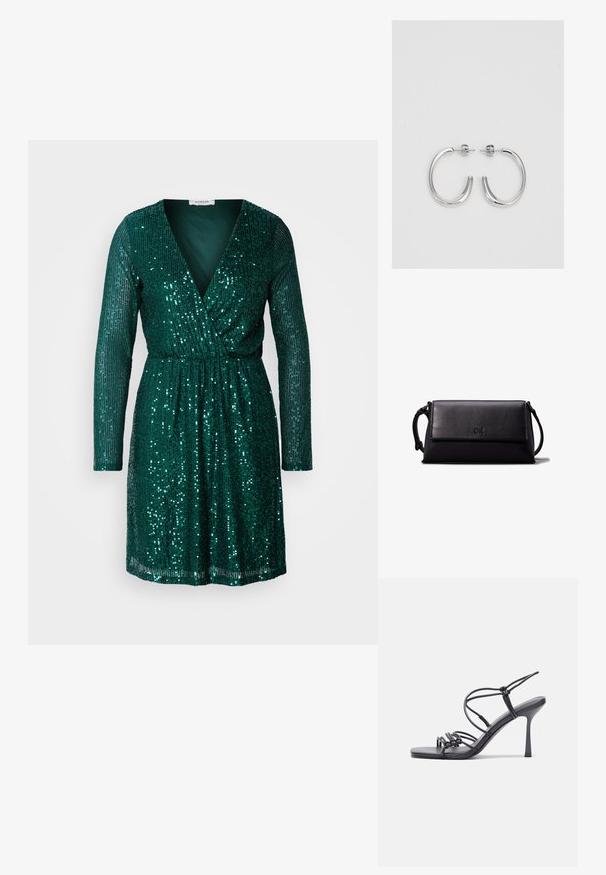 Žalia blizgi suknelė su ilgomis rankovėmis, giliu V- iškirpimu ir elastingu juosmeniu. Audinys padengtas blizgančiais blizgiais, išdėstytais vertikaliai.; Juodos aukštakulnės sandalai pasižymi plonyčiais dirželiais su mazgo dizainu, lygiu kvadratiniu pirštu ir elegantišku stiletto kulnu.; Juodas odinis kosmetinis krepšys, stačiakampio formos, lygia tekstūra, plokščiu uždarymu ir mažu rankenėle šone. Pabrėžia subtilų logotipą.; Sidabrinės auskarai žiedai su lygiu, blizgiu paviršiumi. Suapvalinta forma, lengvas dizainas, su uždarymu ant smeigtuko.