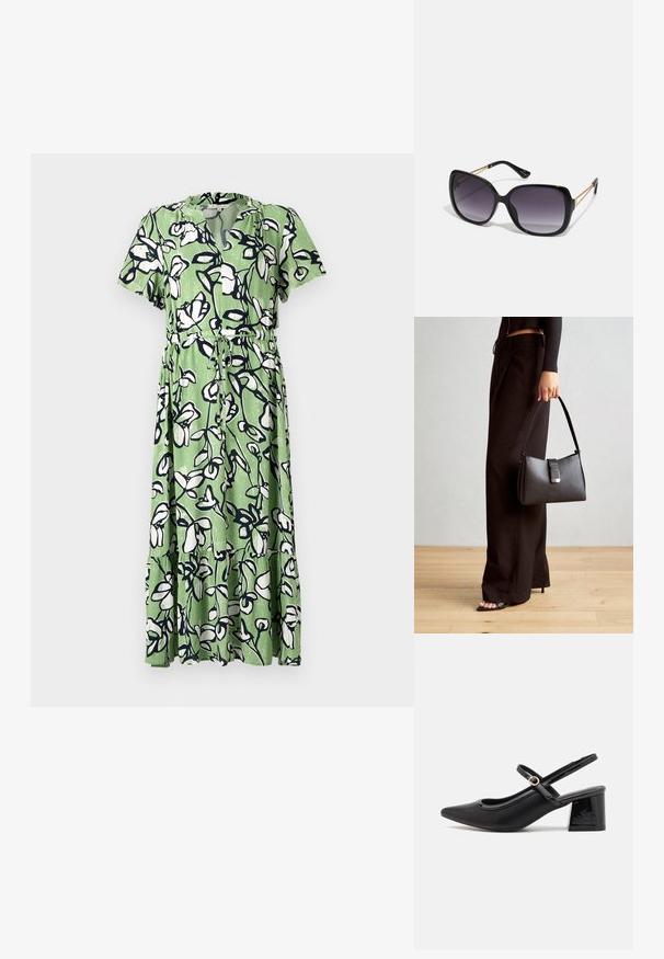 Rochie midi verde cu un model floral în alb și navy. Dispune de mâneci scurte, decolteu în V și o talie strânsă cu un cordon.; Cizme cu toc slingback din piele sintetică lacuită neagră, cu vârful ascuțit, un design cu decupaj rotunjit și toc bloc. Include un accent cu cataramă de culoare aurie.; Ochelari de soare negri, supradimensionați, cu lentile degradate, rame groase și detalii cu lanț de ton auriu pe brațele templului.; Genți negre cu o formă structurată, textură netedă și un închizător metalic. Asortată cu pantaloni negri largi și sandale cu vârf deschis pe un podea din lemn.