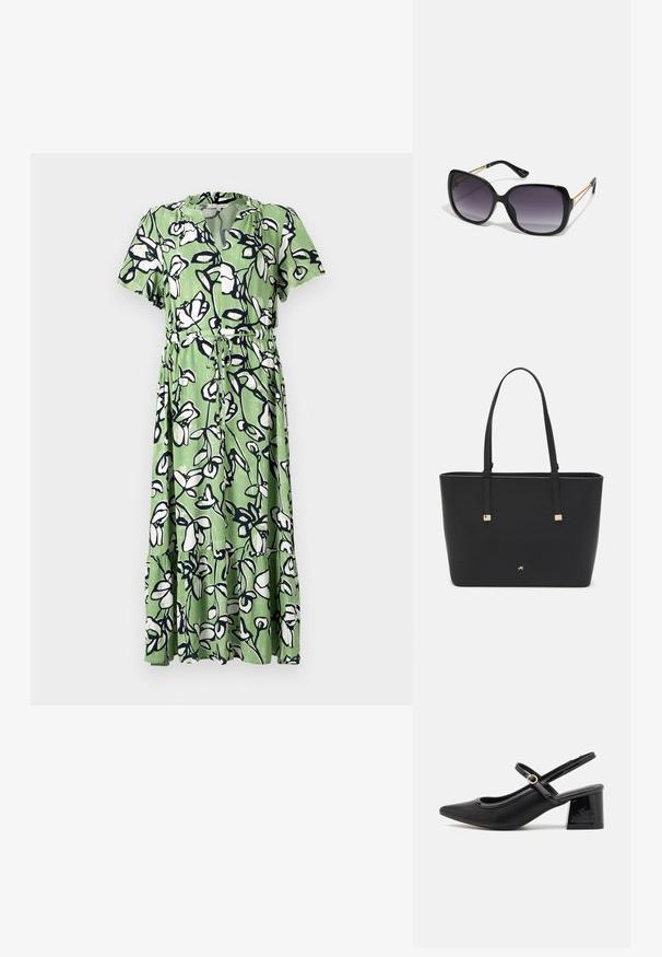 Zelené midi šaty s květinovým vzorem v bílé a námořnické modři. Mají krátké rukávy, výstřih do V a stažený pas s kravatou.; Černé lakované lodičky s otevřenou patou, špičatou špičkou, zaobleným střihem a blokovým podpatkem. Zdobené akcentem v zlatém tónu.; Černé oversized sluneční brýle se gradientními skly, silnými rámy a zlatými řetízkovými detaily na nožičkách.; Černá taška přes rameno vyrobená z umělého materiálu, s jednoduchým obdélníkovým designem, zlatými čtvercovými akcenty a dvojitými uchy.
