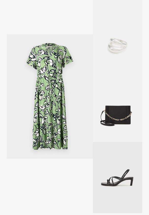 Roheline midi kleit lillemustriga valge ja mereväe sinise värviga. Omab lühikesi varrukaid, v-kujulist kaelust ja kokku tõmmatud taljet, millel on side.; Mustast rihmajalatsid ruudukujulise varba ja madala ploki kontsaga. Omab mitmeid õhukesi rihmasid ja reguleeritavat pahkluu rihma. Valmistatud siledast nahast.; Mustast nahast õlakott, mis omab siledat tekstuuri, ristküliku kuju ning esiküljel metallketi detaili. Reguleeritav rihm on kaasas.; Hõbedane kahekordne rõngas sujuva, poleeritud pinnaga. Omab voolavat, kõverat disaini, millel on kattuvad sektsioonid, et saavutada kaasaegne ilme.