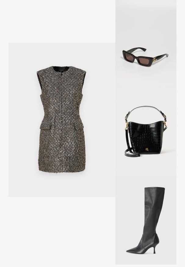 Ujjatlan ruha texturált szürke és fémes anyagból, kerek nyakkal, két elülső zsebbel és testhezálló fazonnal.; Térd fölötti fekete bőr csizmák hegyes orral és karcsú stiletto sarkal. Simább textúrájúak, jól illeszkedő kialakítással és varrással a tetején.; Fekete teknőctoll mintás napszemüveg téglalap alakú lencsékkel, barna színű árnyékolással, vastag kerettel és arany kettős G logó díszítéssel a szárakon.; Négyzet alakú selyemsál, amelyen részletes pillangóillusztrációk láthatók különböző színekben világos háttéren, fekete körvonalakkal és dekoratív mintázattal.; Fekete krokodil bőrhatású táska ívelt formával, arany színű fémalkatrészekkel, állítható pánttal és logó részlettel elöl.