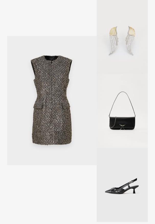 Nedvový šaty v textúrovanom šedom a kovovom materiáli, s okrúhlym výstrihom, dvoma prednými vreckami a priliehavým strihom.; Čierne kožené slingback topánky s špicatou špičkou, ozdobnými popruhmi s kovovými očkami a nízkym blokovým podpätkom. Textúrovaný povrch.; Čierna kožená kabelka so strieborným reťazovým popruhom, so zdobnými krídelnými akcentmi a bielym prešívaním pozdĺž dolného švu.; Dvoje náušníc v tvare krídel, vyrobené zo strieborného kovu s čírymi, okrúhlo brúsenými kryštálmi a zlatými kovovými akcentmi v vrstvenom dizajne.