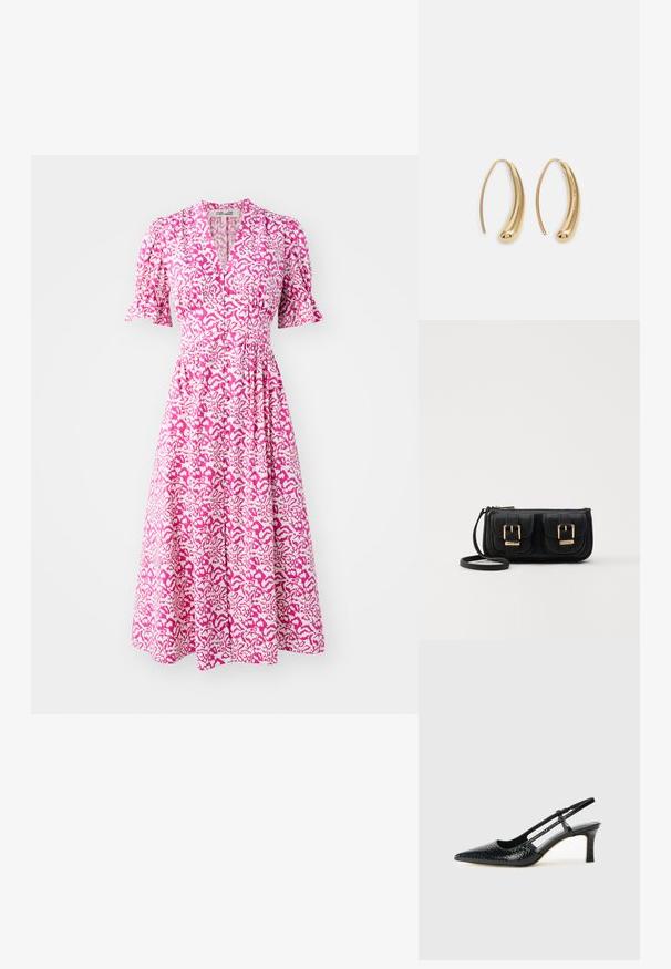 Diane von Furstenberg ERICA DRESS - Vapaa-ajan mekko - kupang small pink; Musta patent slingback-kiilakorko teräväkärkisellä muotoilulla, jossa on teksturoitu käärmeennahkakuosi, säädettävä remmi ja lyhyt, teksturoitu blokkiheel.; Musta nahkainen olkalaukku, jossa on kaksi etutaskua, kultaiset soljet, vetoketjukiinnitys ja kapea hihna. Teksturoidun pinnan ja kompaktin suorakaiteen muoto.; Korvakorut kultasävytteistä metallista, joissa on kaareva, pitkänomainen muoto. Ominaisuuksiin kuuluu sileä, kiiltävä pinta ja pyöreä kärki lisäyksinä.