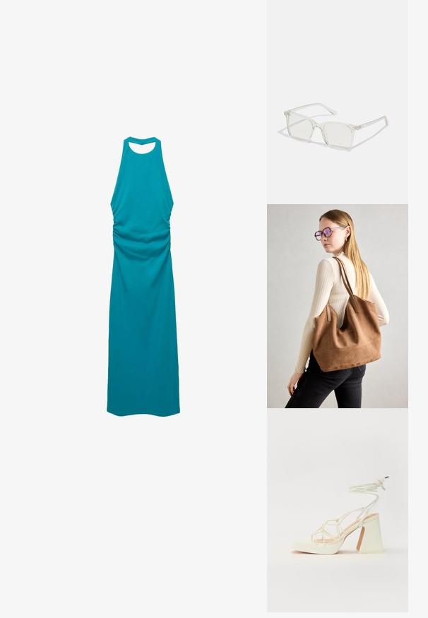 Teal sleeveless dress made of soft fabric, featuring a high neckline, gathered side detailing, and an open back design.; Valkoinen korkokenkä, jossa on paksu korko, ja joka sisältää nauhakiinnityksen ja nilkkaketjun. Sujuva pinta, jossa on platform-etupohja lisäkorkeutta varten.; Selkeä muovinen neliönmuotoinen kehyslasit, joissa on läpinäkyvät linssit ja kultaset mäntäraudat lisäämään yksityiskohtia.; Ruskea nubukkivuoriolaukku, jossa on pehmeä rakenne, tilava avaus ja pitkät hihnat. Ominaisuuksiin kuuluu yksinkertainen muotoilu näkyvine ompeleineen ja ilman metalliosia.