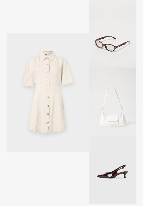 Robe à manches courtes en denim beige clair avec un col, des boutons argentés et un corsage ajusté qui s'évasent à l'ourlet.; Chaussure slingback en cuir verni marron avec un bout pointu et un talon modéré. Elle est dotée d'une sangle à boucle pour un ajustement sécuritaire. Texture lisse.; Lunettes de soleil écaille de tortue avec une forme arrondie et des verres clairs. Présentent des branches robustes avec de petites accents dorés, fabriquées en matériau plastique.; Sac à main synthétique blanc en forme triangulaire, avec un rabat avant plat et un détail en nœud, une bandoulière ajustable, une texture lisse et un design minimaliste.