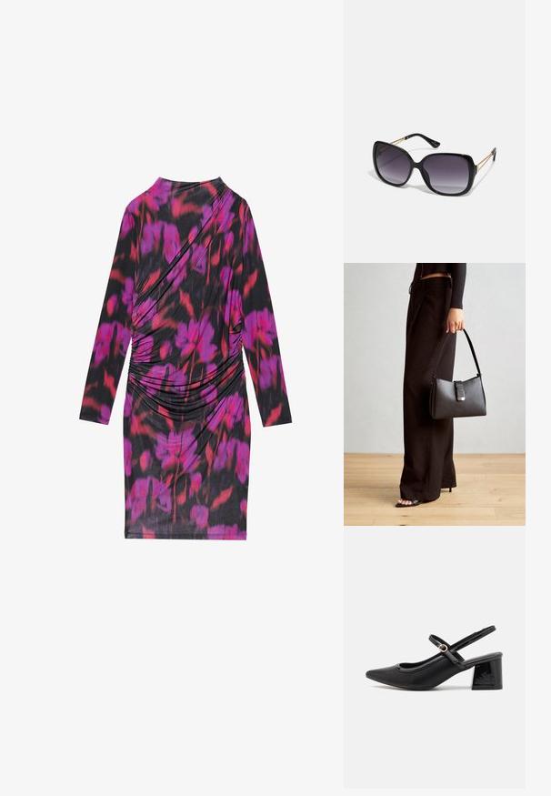 Ilga rankovė suknelė juodos spalvos audinyje, puošta rožinėmis ir raudonomis gėlėmis, su drapiruotu dizainu ir susirinkusiais šonais, suteikiančiais tekstūrą.; Juodi patentinio odos slingback aukštakulniai su smailiu pirštu, apvaliu išpjovimu ir blokiniu kulnu. Papuošti auksiniu juostos akcentu.; Juodos didelės saulės akinių su pereinamais objektyvais, storomis rėmeliais ir auksinės spalvos grandinėmis ant šventyklų.; Juodas rankinė struktūrizuota forma, lygi tekstūra ir metalinis užsegimas. Suporuota su plačiomis juodomis kelnėmis ir atvirais bateliais ant medinių grindų.