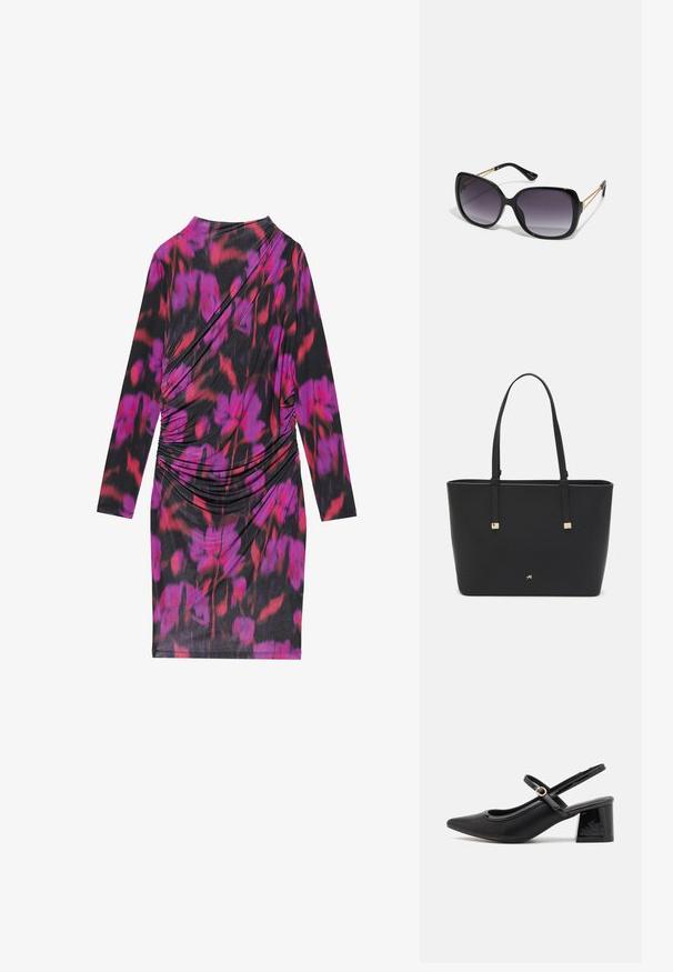 Pikkade varrukatega kleit mustast kangast, millel on roosa ja punane lillemuster, esitades voolavat disaini ja kokkutõmmatud külgi tekstuuri jaoks.; Mustad läikivad nahast slingback-kõrged kontsad, millel on terav nina, ümar lõikekujundus ja blokknina. Omab kuldset nupu aktsenti.; Mustad ümarad päikeseglaasid, millel on gradient objektiivid, paksud raamid ja kuldse tooni kettaga kaunistused tempelitel.; Must musträkk, mis on valmistatud sünteetilisest materjalist, lihtsa ristkülikukujulise disainiga, kuldsete ruudukujuliste rõhutustega ja kahe käepidemega.