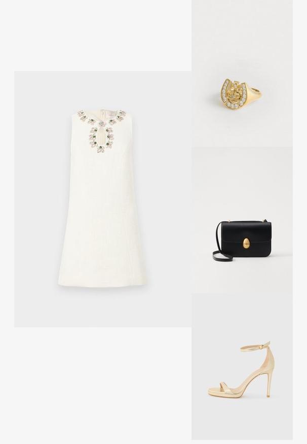Balta kleita ar teksturētu audumu, kurai ir ziedu pērlīšu izšūta apkakle un atslēgvārda detaļa priekšā.; Zelta metāla augstpapēžu sandales ar atvērtu purngalu, potītes siksniņu ar sprādzi un platformas zoli papildu augstumam. Gluda tekstūra.; Melnas ādas rokassomu ar strukturētu taisnstūra formu. Iespējas zelta ovāla slēdzis un plāns plecu siksna. Gluda tekstūra.; Zelts gredzens ar kronas dizainu iekšā, kas ietver zirgādas formu, dekorēts ar maziem caurspīdīgiem dārgakmeņiem, uz baltas fona.
