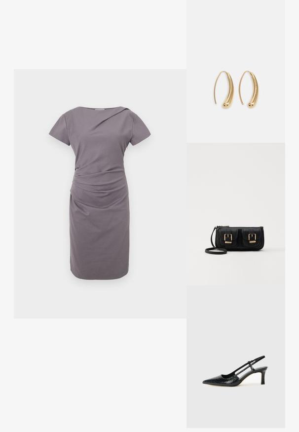 Sivi kratki rukav haljina s tijesnom siluetom, koja ima nabranje na struku, glatku teksturu i duljinu do koljena.; Crne lakirane slingback pete s oštrim vrhom, s teksturiranim uzorkom zmijske kože, podesivom remenom i kratkom, teksturiranom blok-petom.; Crna kožna torba preko ramena s dva prednja džepa, zlatnim kopčama, zatvaranjem na zip i uskim remenom. Teksturirana površina i kompaktan pravokutan oblik.; Zlatne metalne naušnice u obliku obruča s zakrivljenim, izduženim oblikom. Imaju glatku, sjajnu površinu i zaobljeni vrh za dodatni detalj.