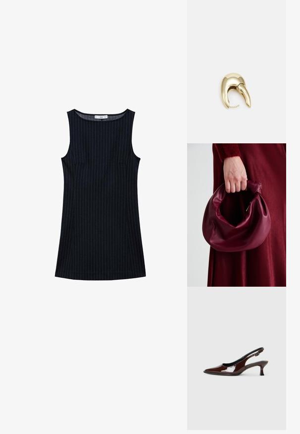 Námorně modré šaty bez rukávů s rovnými liniemi, obsahující boční kapsy a kulatý výstřih. Hladká textura látky.; Hnědé lakované kožené slingback boty s špičatou špičkou a mírným podpatkem. Disponují přezkou pro bezpečné upevnění. Hladký povrch.; Burgundská kožená kabelka s měkkým, nabíraným designem a zaobleným tvarem. Ucho je zajištěné a vykazuje hladkou texturu.; Náušnice ve zlatém tónu z kovu s elegantním zakřiveným designem. Vyznačují se jedinečným špičatým tvarem, lesklým povrchem a závěsem na kloub.
