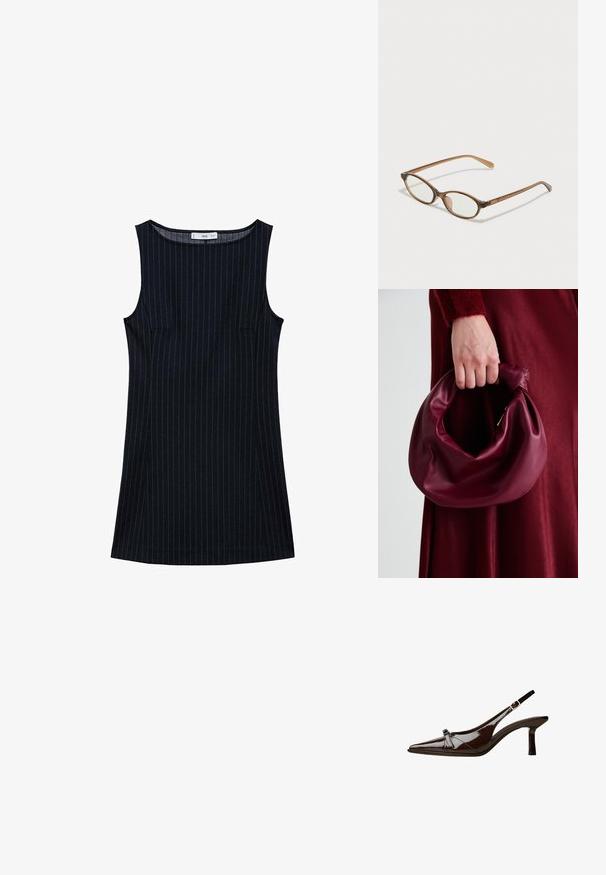 Granatowa sukienka bez rękawów w paski, o prostym kroju, z bocznymi kieszeniami i okrągłym dekoltem. Gładka tekstura materiału.; Brązowe lakierowane sandały z odkrytymi palcami, o spiczastym nosku, niskim obcasie i ozdobnym kokardkowym akcentem z przodu. Gładka, błyszcząca tekstura.; Brązowe okulary w motyle z owalnymi soczewkami, cienkimi ramionami i przezroczystymi akcentami. Posiadają subtelne logo na zauszniku. Smukły, lekki design.; Bordowa skórzana torebka o miękkim, marszczonym wyglądzie i zaokrąglonym kształcie. Uchwyt jest zabezpieczony, co podkreśla gładką fakturę.