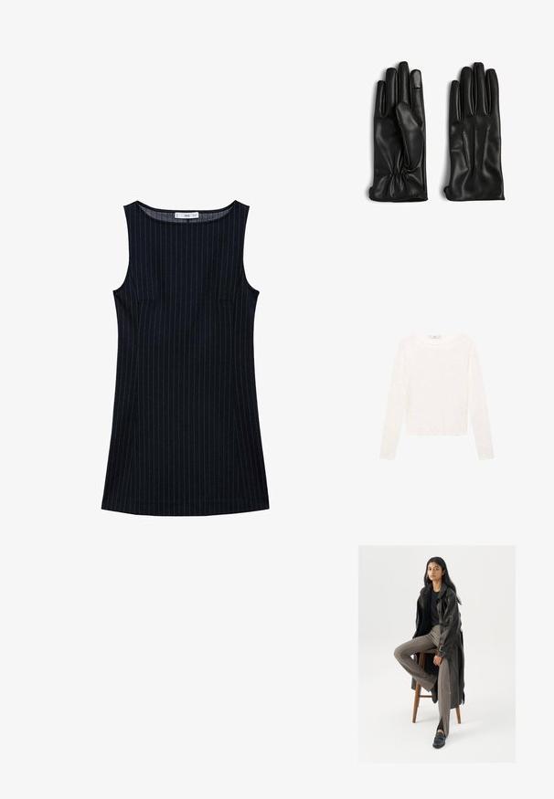 Námornícke pruhované šaty bez rukávov s rovnými líniami, obsahujúce bočné vrecká a zaoblený výstrih. Hladká textúra látky.; Dlhý rukáv biely top vyrobený z jemnej tkaniny. Má zaoblený výstrih a skrátený strih. Hladká textura bez viditeľných vzorov alebo akcentov.; Čierny kožený trenčkot s gombíkmi a detailom pásu, v kombinácii so svetlohnedými priliehavými nohavicami a čiernymi mokasínami, posadený na drevenej stoličke.; Čierne kožené rukavice s hladkým povrchom, dizajnom na päť prstov, zberaným zápästím a tromi prešitými líniami na zadnej strane každej ruky.