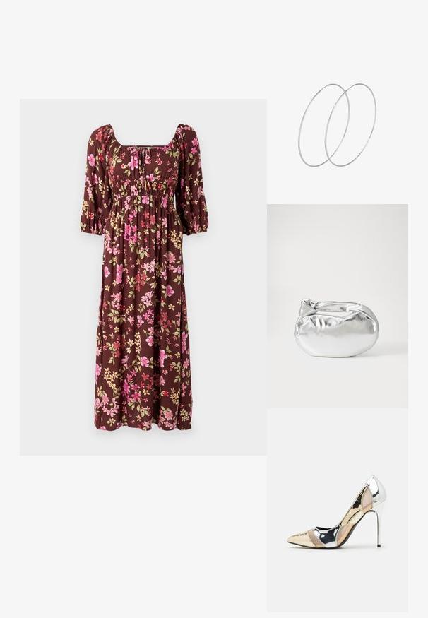 Brūna ziedu maxi kleita ar pūkainām piedurknēm, kvadrātveida kakla izgriezumu un savilkta krūšu daļa ar rozā un dzeltenu ziedu rakstiem. Mīksta auduma.; Apspīlēta augstpapēžu kurpe ar zeltītu, sudrabi un neitrālu krāsu kombināciju. Spīguļojoša virsma ar izgriezuma dizainu, aprīkota ar stiletto papēdi.; Sudraba metāliska poga somiņa ar mīkstu, noapaļotu formu un mezgla augšējo aizdari. Izgatavota no gludas mākslīgās ādas materiāla.; Sudraba gredzenveida auskari ar minimālistisku dizainu. Cirkulāra forma, gluda tekstūra un plāns profils. Vieglu svaru ar spīdīgu apdari.