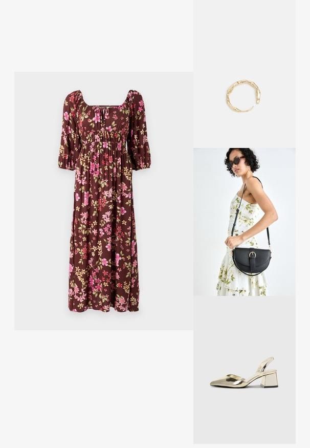 Braunes, blumiges Maxikleid mit Puffärmel, quadratischem Ausschnitt und gerafftem Oberteil mit rosa und gelben Blumenmustern. Weicher Stoff.; Goldene, metallische Slingback-Absätze mit spitzem Zeh und dicker Ferse. Glatte Textur, minimalistisches Design und ein schmaler Riemen.; Schwarze Lederhandtasche mit geschwungener Form, abnehmbarem Tragegurt und goldenen Beschlägen. Die Tasche verfügt über einen Deckel mit einer Schnallen-Details.; Goldfarbener Ring mit einem organischen, gedrehten Design, glatter Oberfläche und sich verjüngenden Enden, was ein modernes, skulpturales Erscheinungsbild erzeugt.