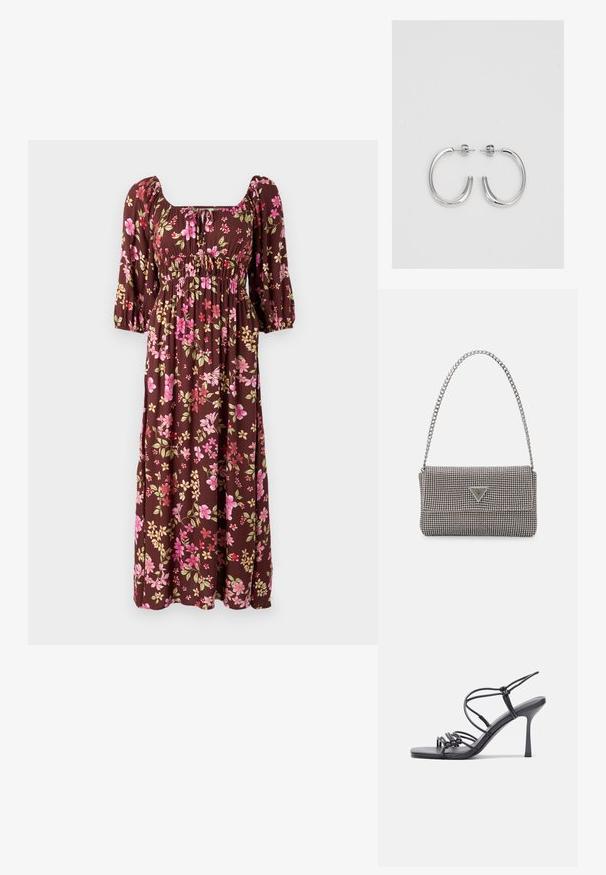 Maxi vestido marrón con flores, que presenta mangas abullonadas, un escote cuadrado y un cuerpo gathered con patrones de flores rosas y amarillas. Tejido suave.; Las sandalias negras de tacón alto presentan finas correas con un diseño anudado, una punta cuadrada suave y un elegante tacón de aguja.; Bolso de mano metálico gris claro con una cadena como asa, adornado con pequeños remaches metálicos circulares y un logotipo de marca en forma triangular.; Aros de plata en forma de aro con un acabado liso y brillante. Diseño redondeado y ligero, con cierre de tipo post-back.