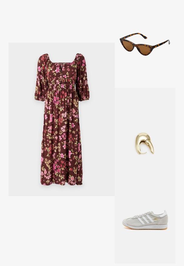 Pruun lilleline maxi kleit, millel on puffvarrukad, ruudukujuline kaelus ja kogutud rinnaosa roosa ja kollase lillemustriga. Pehme kangas.; Heled hallid tossud, mis on valmistatud nubukist ja võrgust, millel on kolm valget triipu, ümmargune varvas ja kummist tald. Kuldne logoelement paelte lähedal.; Kassi vormiga prillid musta ja oranži kilpkonnakujulise raami, pruunide läätsede ja elegantsete teravate otstega. Templi juures on minimaalne logo.; Kuldtooni metallist kõrvarõngas, millel on elegantne ja kaarjas disain. Omab silmapaistvat teravat kuju, poleeritud pinda ja hingesulgemist.