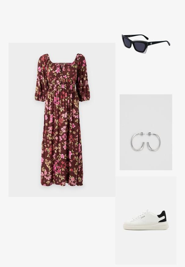 Barna virágmintás maxi ruha puffos ujjal, négyzet alakú nyakkivágással és ráncolt mellekkel, amely rózsaszín és sárga virágmintákkal díszített. Puha szövet.; Fehér bőr sportcipők vastag fehér talppal, fekete velúr sarokpikkelyel és dombornyomott logóval az oldalon. Fűzős kialakítás, hat fűzőlyukkal.; Fekete, nagyméretű napszemüveg geometrikus formával, sötét lencsékkel és kontrasztos szürke részlettel a kereten. Logó a szárán.; Ezüst karika fülbevalók sima, fényes felülettel. Lekerekített forma, könnyű kialakítással, tűs zárómechanizmussal.