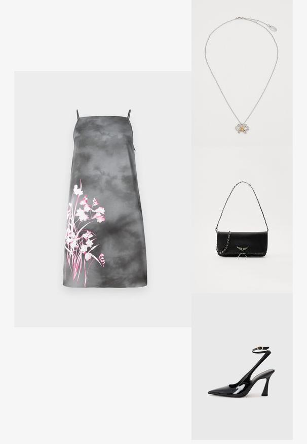 Satin A-Linie Kleid in gradientem Grau mit verstellbaren Spaghetti-Trägern. Mit pinkfarbenem Blumenmuster auf der linken Seite. Glatte Textur.; Schwarze Lackleder-Slingbacks mit spitz zulaufender Zehenpartie, verstellbarem Knöchelriemen und moderatem Blockabsatz. Glatte Textur mit glänzender Oberfläche.; Schwarze Lederhandtasche mit einem silbernen Kettenriemen, verziert mit dekorativen Flügelakzenten und weißen Nähten entlang der unteren Naht.; Silberfarbene Kettenhalskette mit einem Schmetterlingsanhänger, der mit klaren Kristallen und einem goldenen Detail in der Mitte verziert ist. Verstellbarer Verschluss auf der Rückseite.