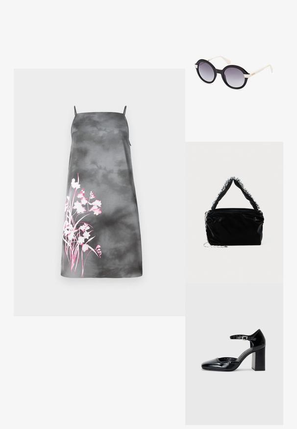 Satin A-lijn jurk in een gradient grijs met verstelbare spaghettibandjes. Heeft een roze bloemenontwerp aan de linkerkant. Soepele textuur.; Zwarte lakleren hoge hakken met een vierkante neus, enkelbandje en een chunky hak. Inclusief geperforeerde details langs de rand.; Zwarte plastic zonnebril met gradiënt grijze lenzen, oversized ronde vorm, witte pootjes en een subtiele golfdetail aan de bovenkant.; Zwarte nep leren handtas met een gestructureerde afwerking, voorzien van een bewerkte zilveren accent langs de bovenste handgreep en een schouderband van kettingen.